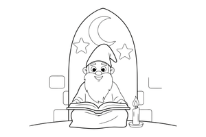 A wizard reading a big spell book by candlelight in a tower – Enchanted Magic Folk Fairytale Characters coloring page