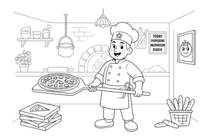 A chef holding a pizza on a paddle – Delicious Pizza Meal coloring page