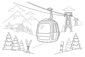 A cable car going up the snowy mountain – Charming Ski Resort Place coloring page