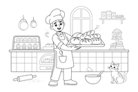 Friendly baker in an apron and hat holding a tray of bread – Classic Bakery & Bread coloring page