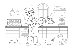 Friendly baker in an apron and hat holding a tray of bread – Classic Bakery & Bread coloring page