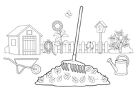 A rake gathering a pile of leaves – Classic Garden Tools coloring page