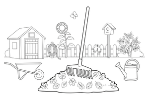 A rake gathering a pile of leaves – Classic Garden Tools coloring page