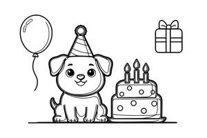A puppy wearing a party hat next to a cake – Birthday Cake Wishes coloring page
