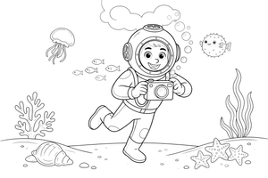 A diver holding an underwater camera – Deep Sea Diver Submarine coloring page