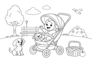 A baby sitting happily in a stroller – Baby coloring page