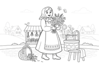 A woman in a traditional folk costume with an embroidered apron, long skirt and headscarf, holding a bouquet of wildflowers – Herb Day coloring page