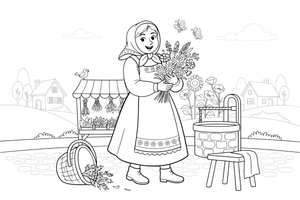 A woman in a traditional folk costume with an embroidered apron, long skirt and headscarf, holding a bouquet of wildflowers – Herb Day coloring page