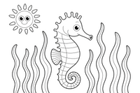 A seahorse hiding among a forest of tall swaying seaweed – Playful Seahorse coloring page