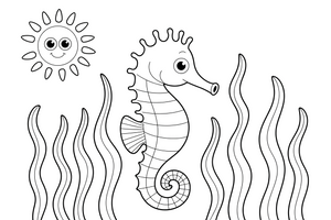 A seahorse hiding among a forest of tall swaying seaweed – Playful Seahorse coloring page