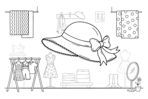 One big sun hat with a ribbon, close up, filling the page – Clothes & Fashion coloring page