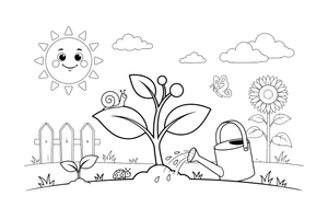 A plant in the sun being watered by a watering can – Complete Plant Life Cycle coloring page