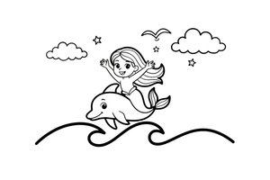 Mermaid riding a dolphin in the open sea – Mystical Mermaid coloring page