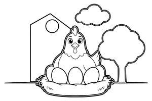 A hen sitting on a nest of eggs – Chicken Family Life coloring page