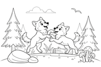 Two wolf pups playing together – Wild Wolf Pack coloring page