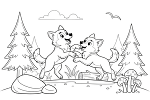 Two wolf pups playing together – Wild Wolf Pack coloring page