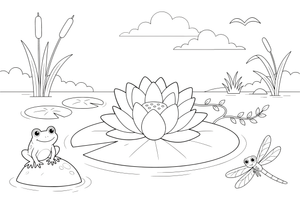 One big water lily flower open on a lily pad – Water Plants coloring page