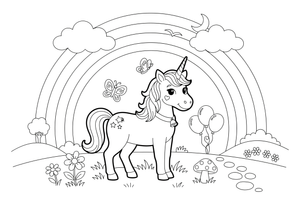 A unicorn standing under a big rainbow – Rainbow coloring page