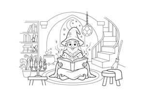A wizard reading a big spell book by candlelight in a tower – Enchanted Magic Folk Fairytale Characters coloring page