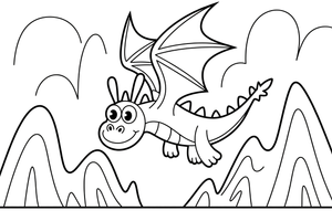 Dragon gliding between tall mountains – Dragon Magical Dragon Soaring coloring page