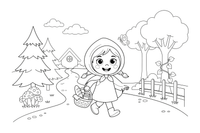 The girl walking along a winding path through tall trees – Little Red Riding Hood Story coloring page