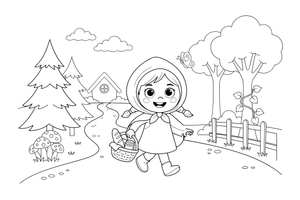 The girl walking along a winding path through tall trees – Little Red Riding Hood Story coloring page