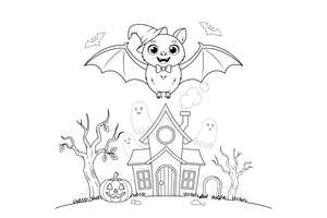 A bat over a spooky-but-friendly haunted house – Halloween Bat coloring page