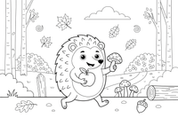 A hedgehog carrying a mushroom and an apple among autumn leaves – Hedgehog coloring page