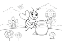 A bee by a jar of honey – Bee coloring page