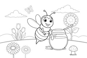 A bee by a jar of honey – Bee coloring page