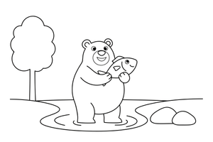 A bear catching a fish in a river – Bear Adventures coloring page