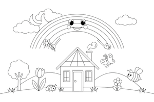 A rainbow arching over a little house – Rainbow coloring page