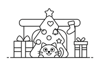 A cat peeking out from under a Christmas tree – Christmas tree coloring page
