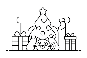 A cat peeking out from under a Christmas tree – Christmas tree coloring page