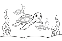 A mother sea turtle swimming with two little baby turtles – Gentle Sea Turtle coloring page