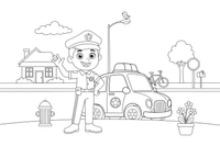 A police officer next to a police car – Busy Job Workers coloring page