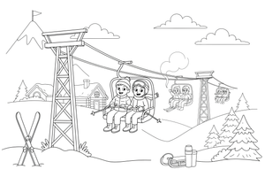 Skiers riding up on a chairlift over the snow – Charming Ski Resort Place coloring page