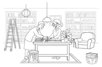 A librarian stamping a book at the desk – Cozy Library Place coloring page