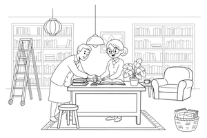A librarian stamping a book at the desk – Cozy Library Place coloring page