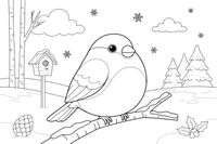 A plump bullfinch on a snowy branch (chest outlined, no fill) – Lithuanian Bird Collection coloring page
