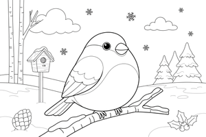 A plump bullfinch on a snowy branch (chest outlined, no fill) – Lithuanian Bird Collection coloring page