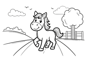 Horse trotting down a country lane – Galloping Horse Farm coloring page