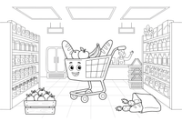 A supermarket with shelves and a shopping cart – Vibrant City Places coloring page