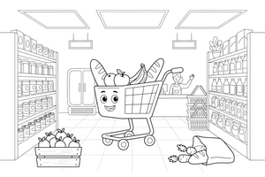 A supermarket with shelves and a shopping cart – Vibrant City Places coloring page