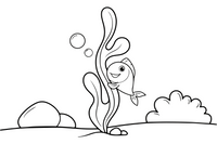 One tall piece of seaweed up close with a smiling fish holding on – Magical Underwater World coloring page