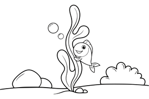 One tall piece of seaweed up close with a smiling fish holding on – Magical Underwater World coloring page