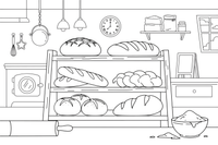 A bakery shelf lined with loaves of bread – Cozy Bakery Place coloring page