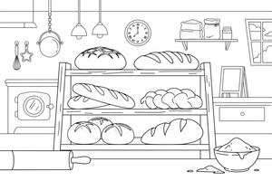 A bakery shelf lined with loaves of bread – Cozy Bakery Place coloring page