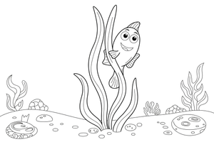 One tall piece of seaweed up close with a smiling fish holding on – Magical Underwater World coloring page