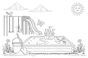 A sandbox with a bucket and spade – Playground coloring page